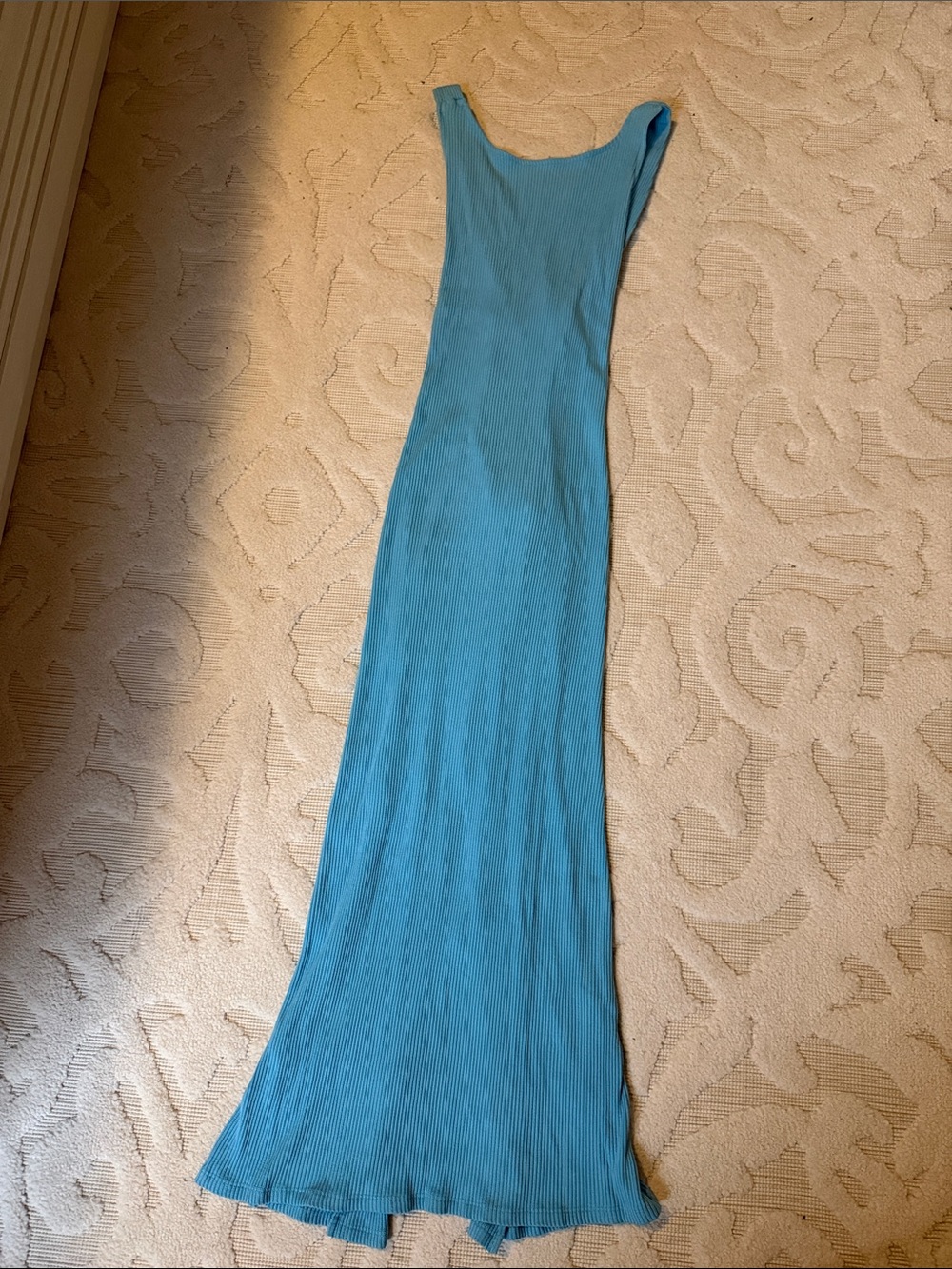 Open Back Sleek Teal Blue Ribbed Midi Dress - Women's